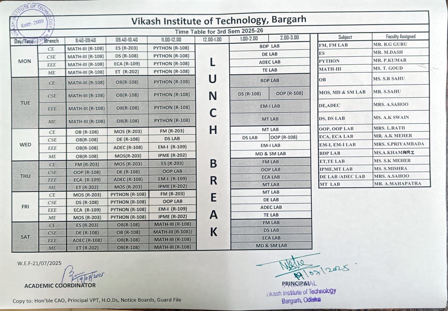 Semester 3 Timetable